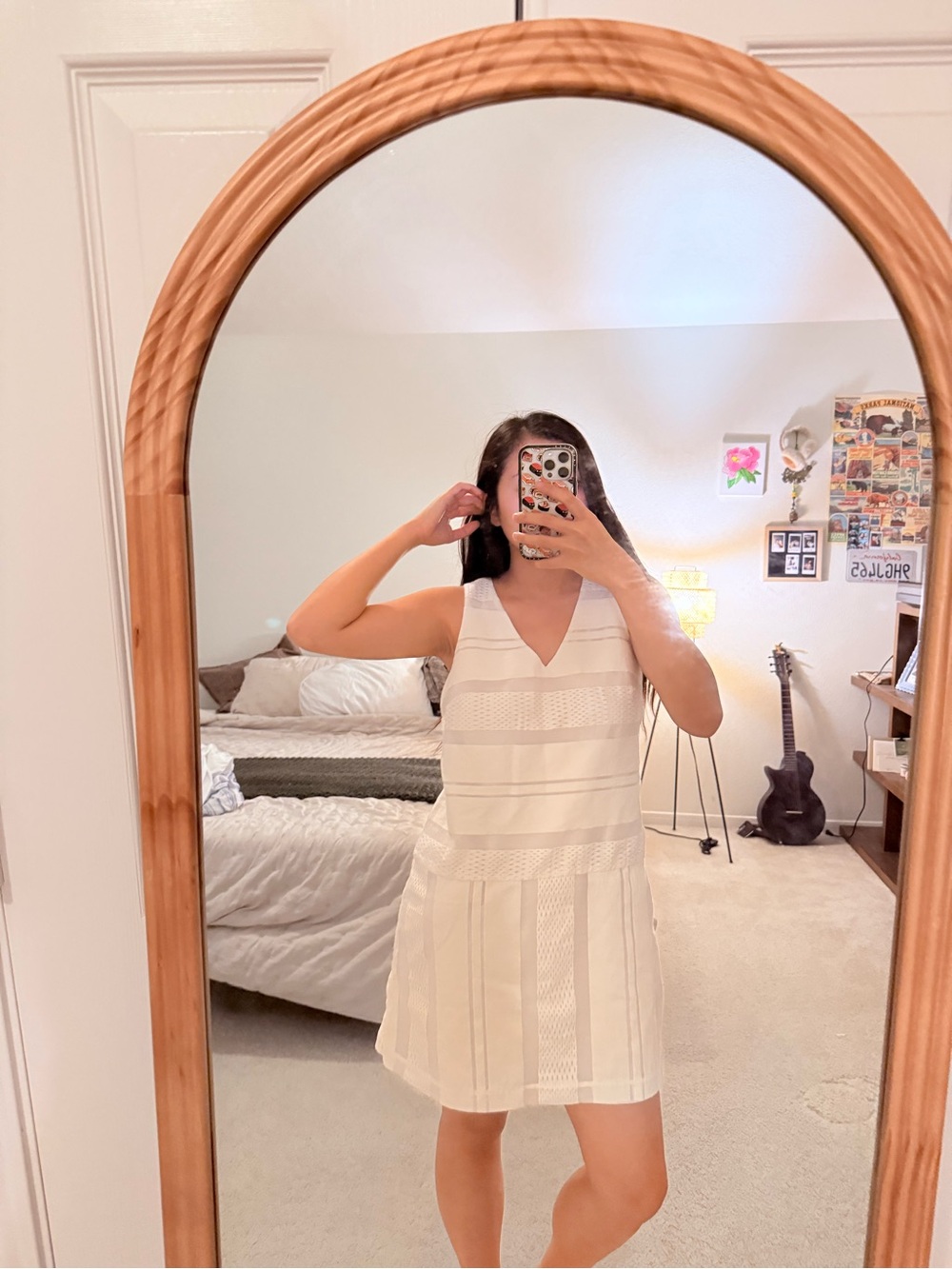 Armani Exchange Ivory Textured V-Neck Mini Dress